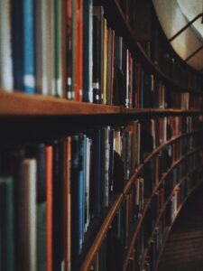 Warm-toned image of curved library bookshelves filled with books in Stockholm.