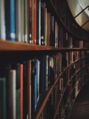 Warm-toned image of curved library bookshelves filled with books in Stockholm.